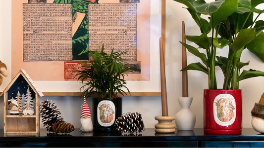 Decorated piano with holiday ornaments, Botani Bloom plants, snowman, Santa, and framed art.