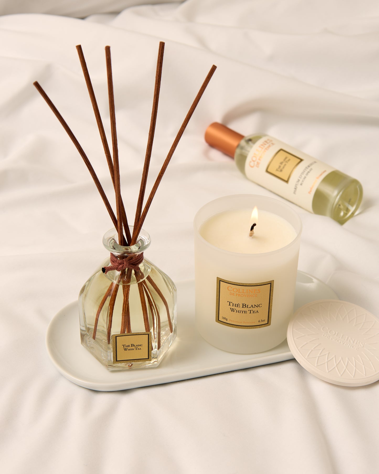 White Tea Scented Candle, in use, with white tea diffuser
