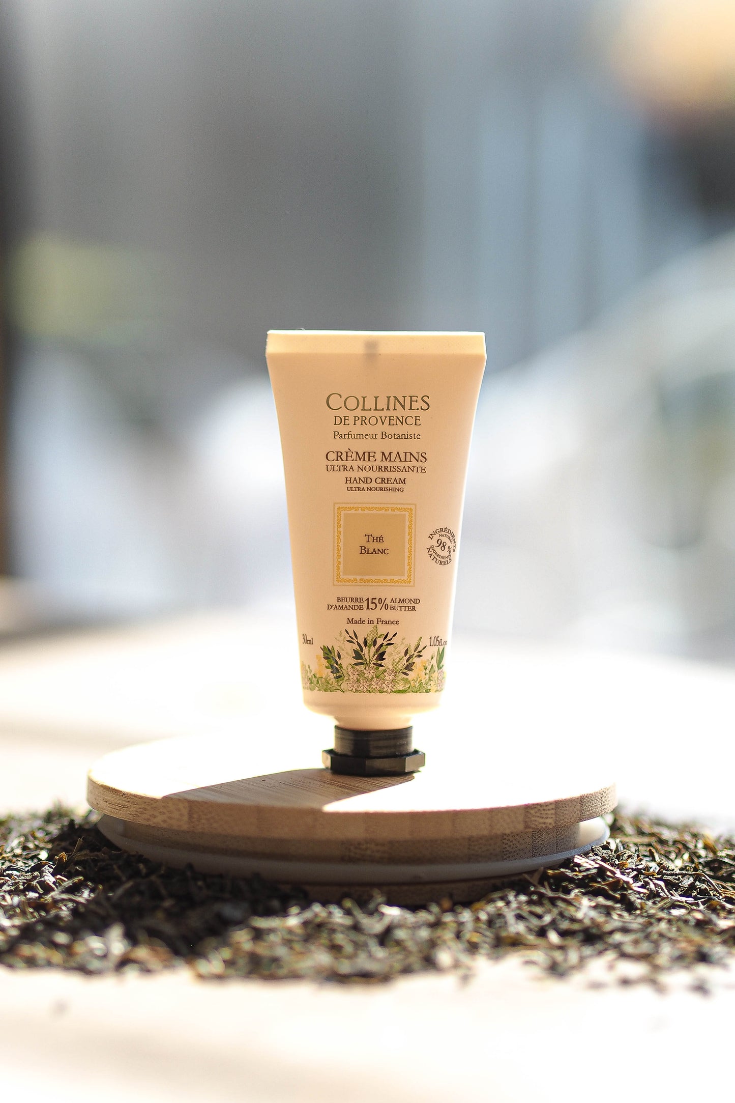 White Tea Mini Hand Cream, front, with background