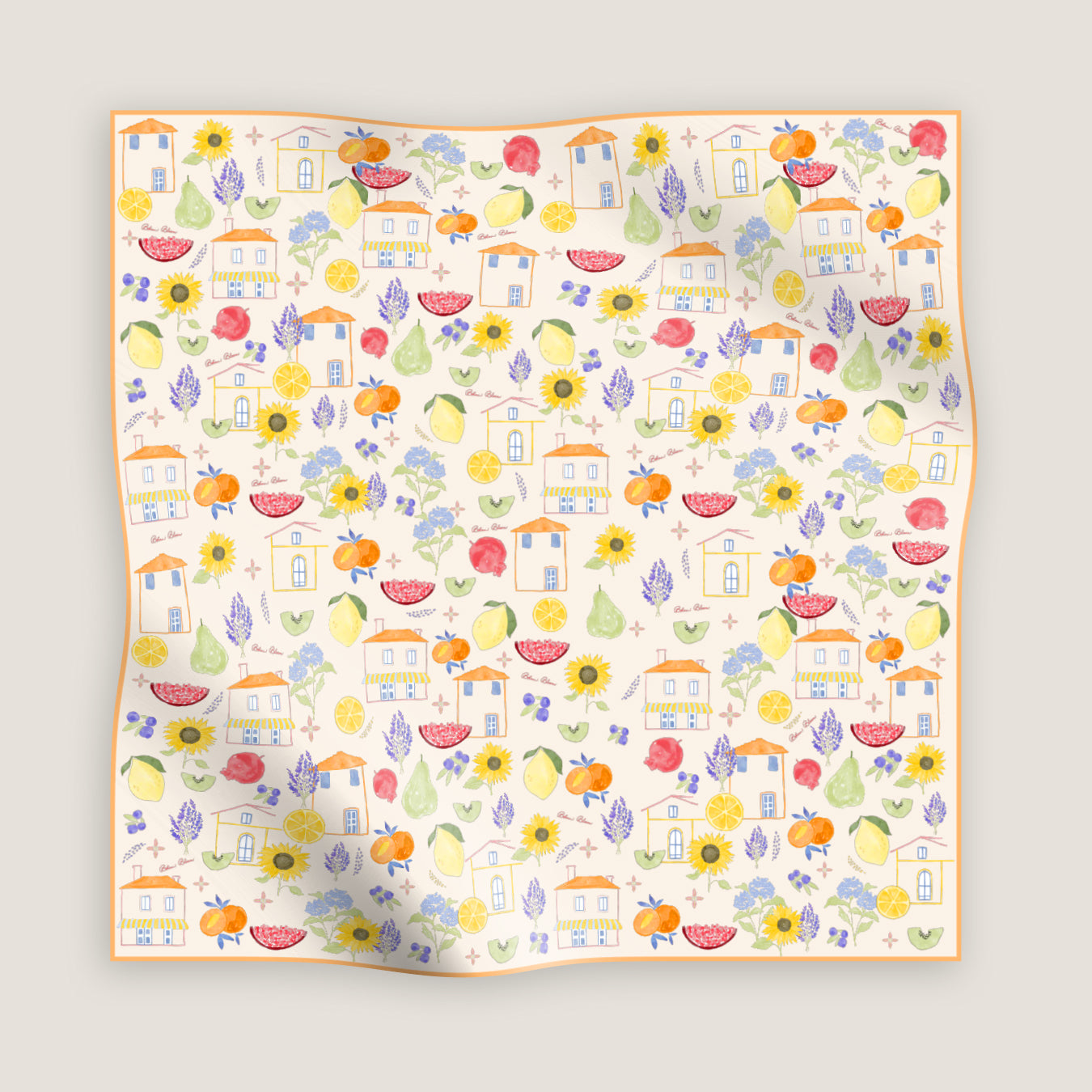 Colorful patterned botani bloom scarf with houses, fruits, and flowers on a light gray background