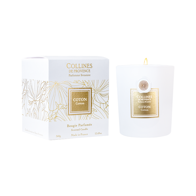 Cotton Scented Candle, front view with box