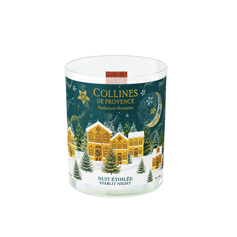 Collines de Provence Starlit night scented candle with winter christmas scene design on a white background