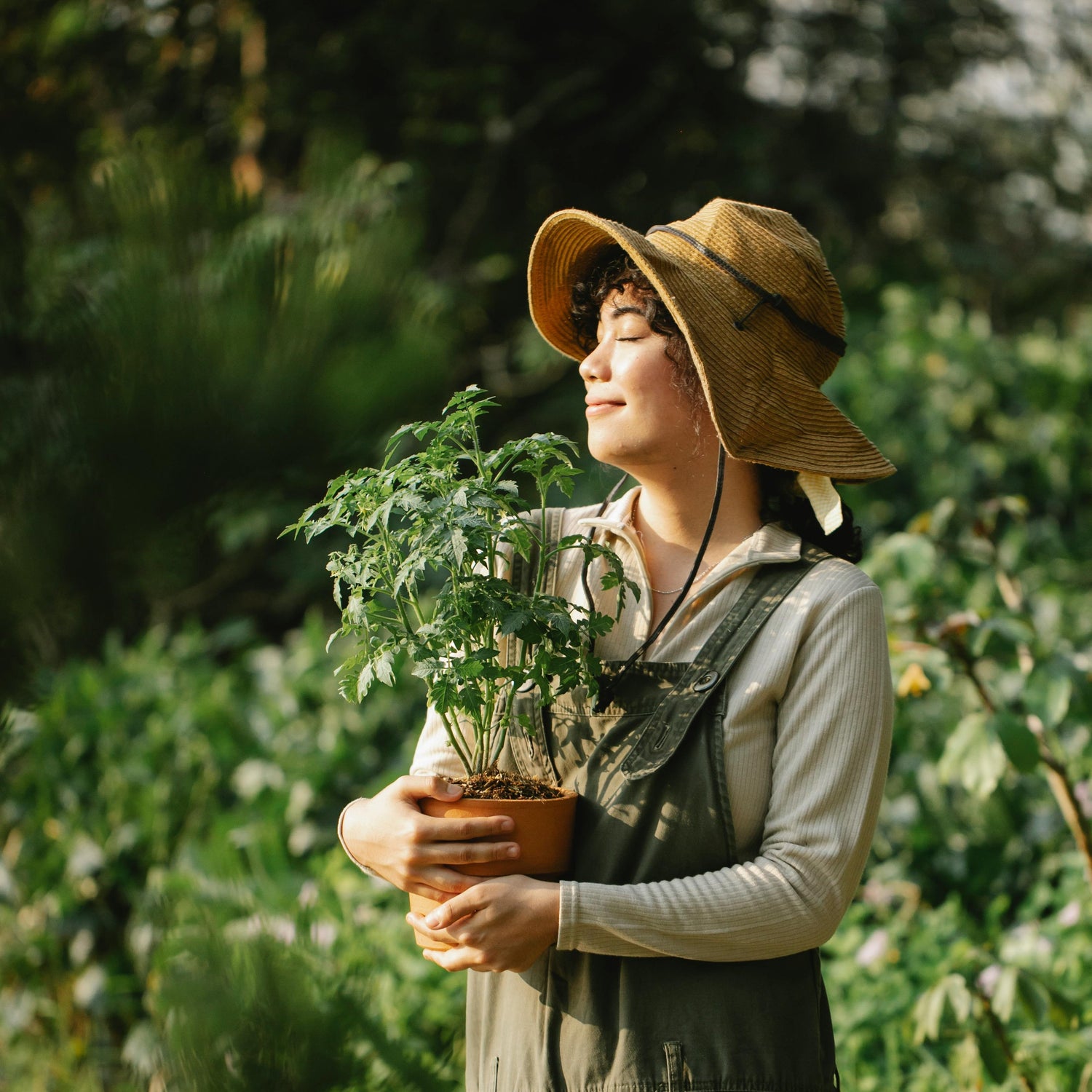 Young lady in a hat and overalls holding a potted plant in a lush garden.