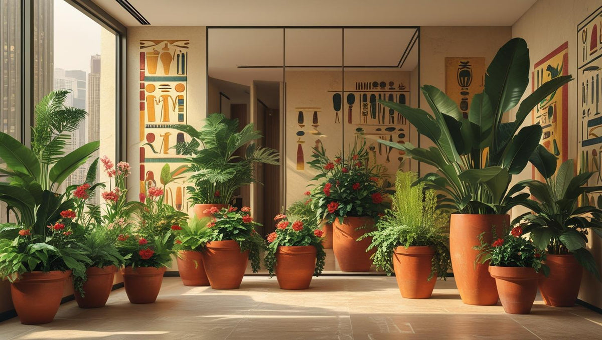 Ancient Egyptian garden with sycamore figs, lotus, and papyrus, symbolizing myths, paired with Botani Bloom HK's Gonialoe Variegata for modern homes.