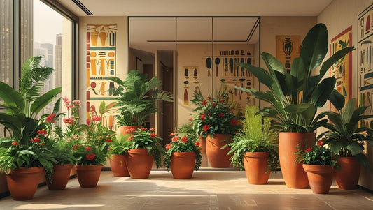 Ancient Egyptian garden with sycamore figs, lotus, and papyrus, symbolizing myths, paired with Botani Bloom HK's Gonialoe Variegata for modern homes.