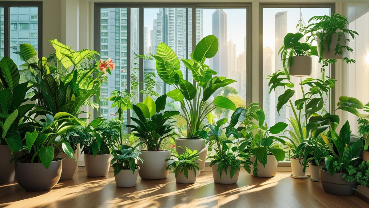 Lush indoor garden with various potted plants including ZZ Plant, Pothos Marble Queen, and Sansevieria Moonshine, set against a Hong Kong city skyline with tall buildings visible through large windows, bathed in soft natural light.