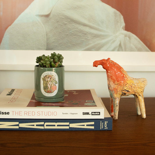 A potted Sedum Hernandezii plant, commonly known as Henri, in a stylish green botani bloom pot, on a table on top of books