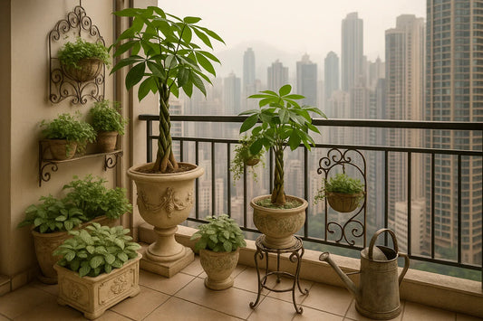 Lush house plants and potted plants on a Hong Kong balcony with plant accessories, eco-friendly gardening, and a vintage watering can against a city skyline.