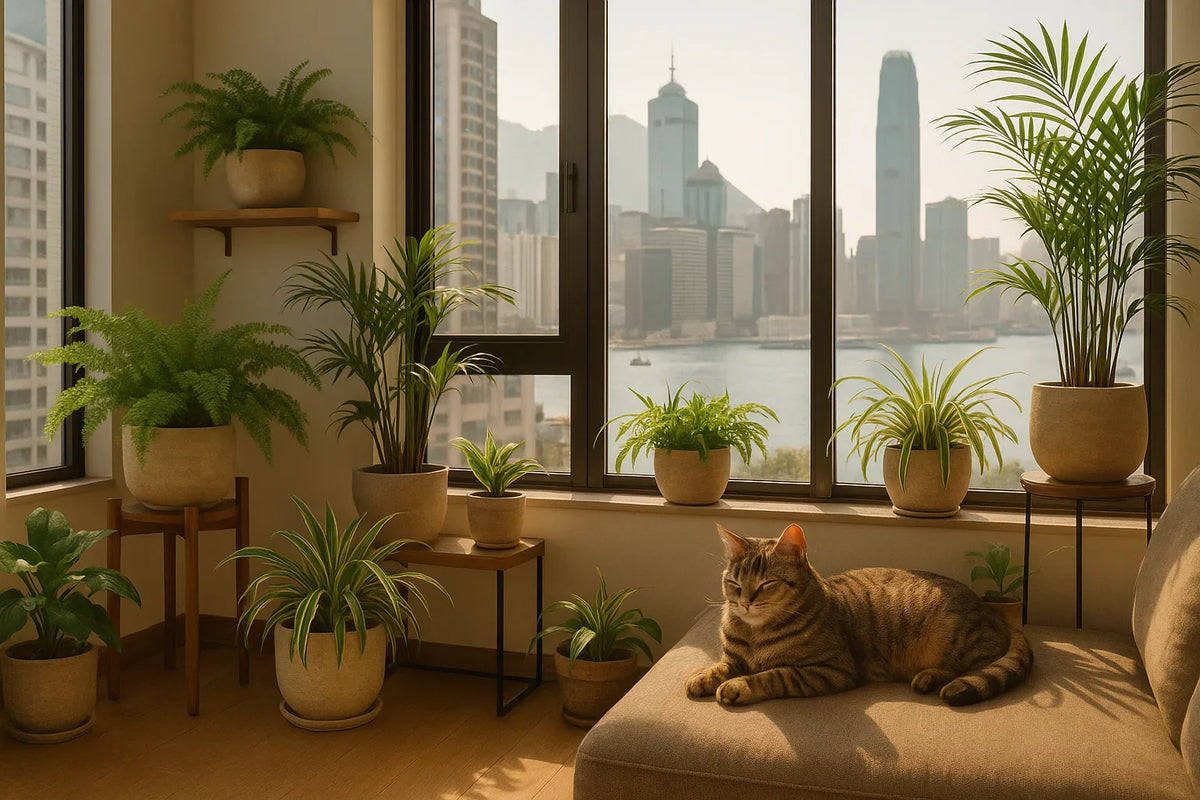 Potted plant showcasing, with a cutie cat sitting quietly on the sofa.