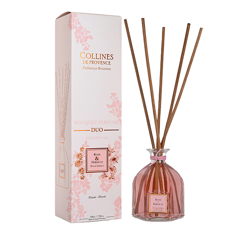 Collines de Provence rose and hibiscus  500ml large reed diffuser bottle with wooden sticks and packaging on a white background