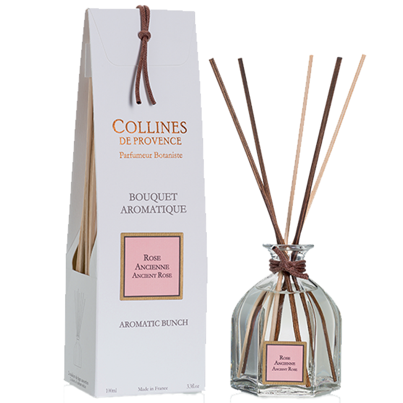 Collines de Provence Ancient Rose Reed diffuser, with reeds and box, front view
