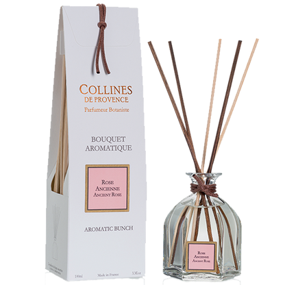 Collines de Provence Ancient Rose Reed diffuser, with reeds and box, front view