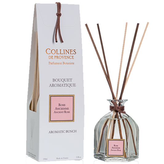 Collines de Provence Ancient Rose Reed diffuser, with reeds and box, front view