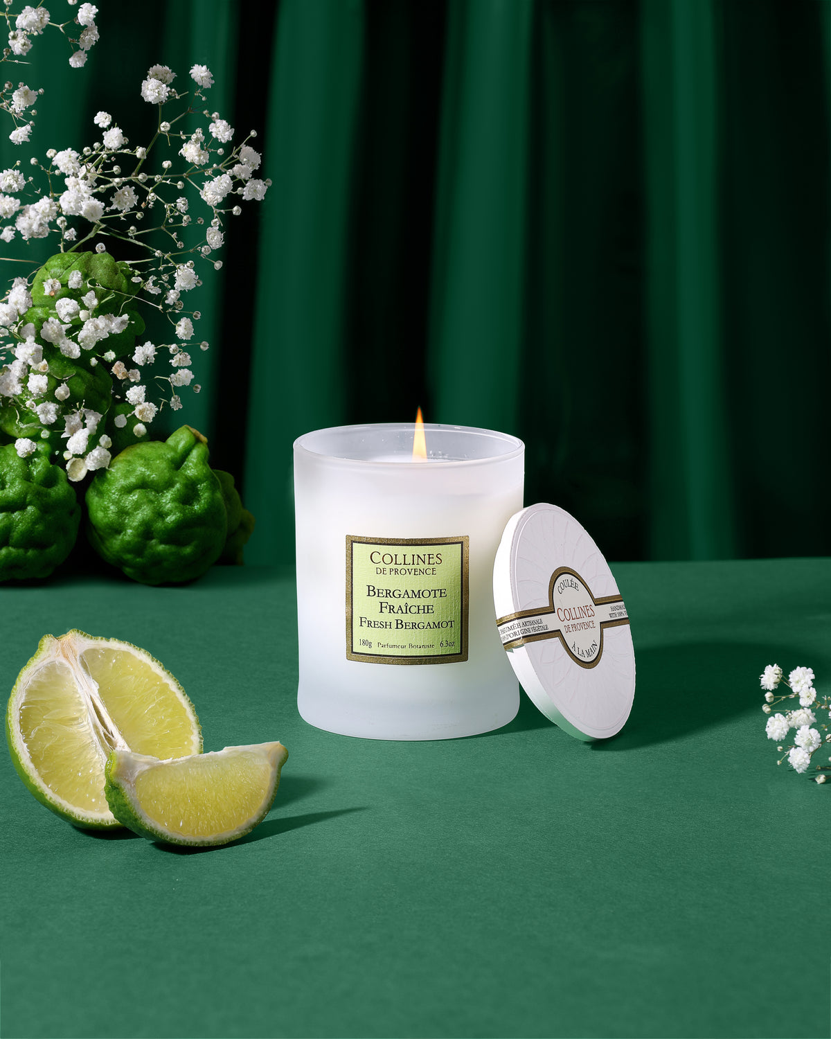 Fresh Bergamote Scented Candle, on a table with background