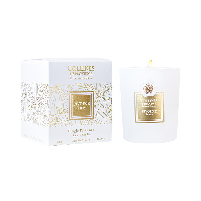 Collines de Provence peony scented candle packaging on a white background