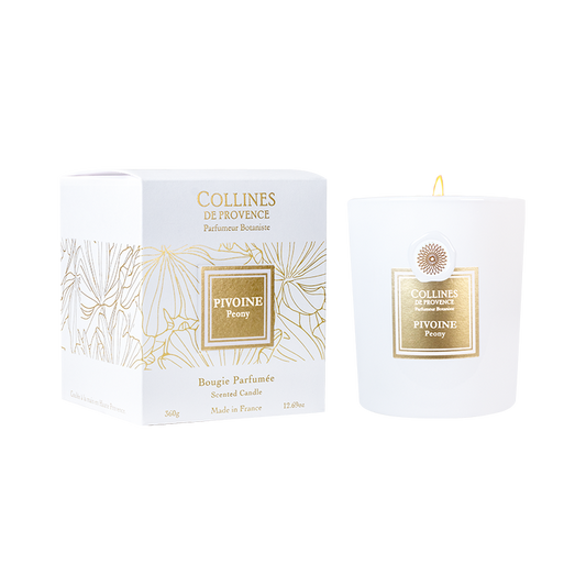 Collines de Provence peony scented candle packaging on a white background