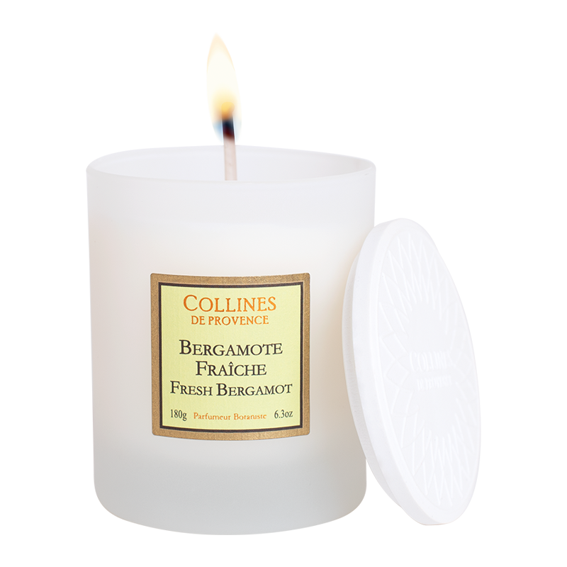 Fresh Bergamote Scented Candle, front glass bottle view