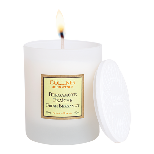 Fresh Bergamote Scented Candle, front glass bottle view