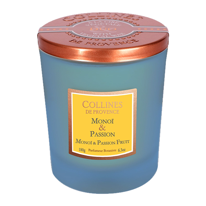 Monoi & Passion fruit Scented Candle, front view, Collines De Provence