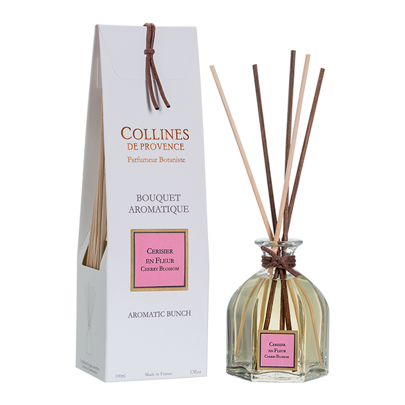 Cherry Blossom Reed Diffuser, front view, with reeds and box