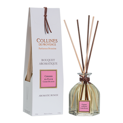 Cherry Blossom Reed Diffuser, front view, with reeds and box