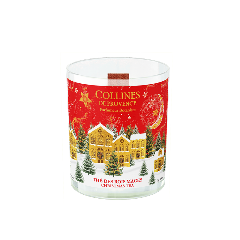 Collines de Provence 75g Christmas tea scented candles with a festive christmas design on a white background