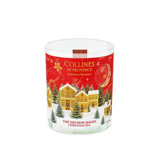 Collines de Provence 75g Christmas tea scented candles with a festive christmas design on a white background
