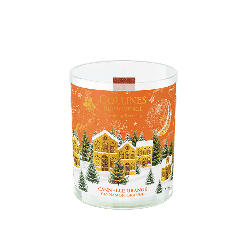 Botani Bloom 75g cinnamon orange scented candle with a festive christmas design featuring a house and trees