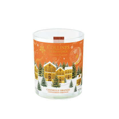 Botani Bloom 75g cinnamon orange scented candle with a festive christmas design featuring a house and trees