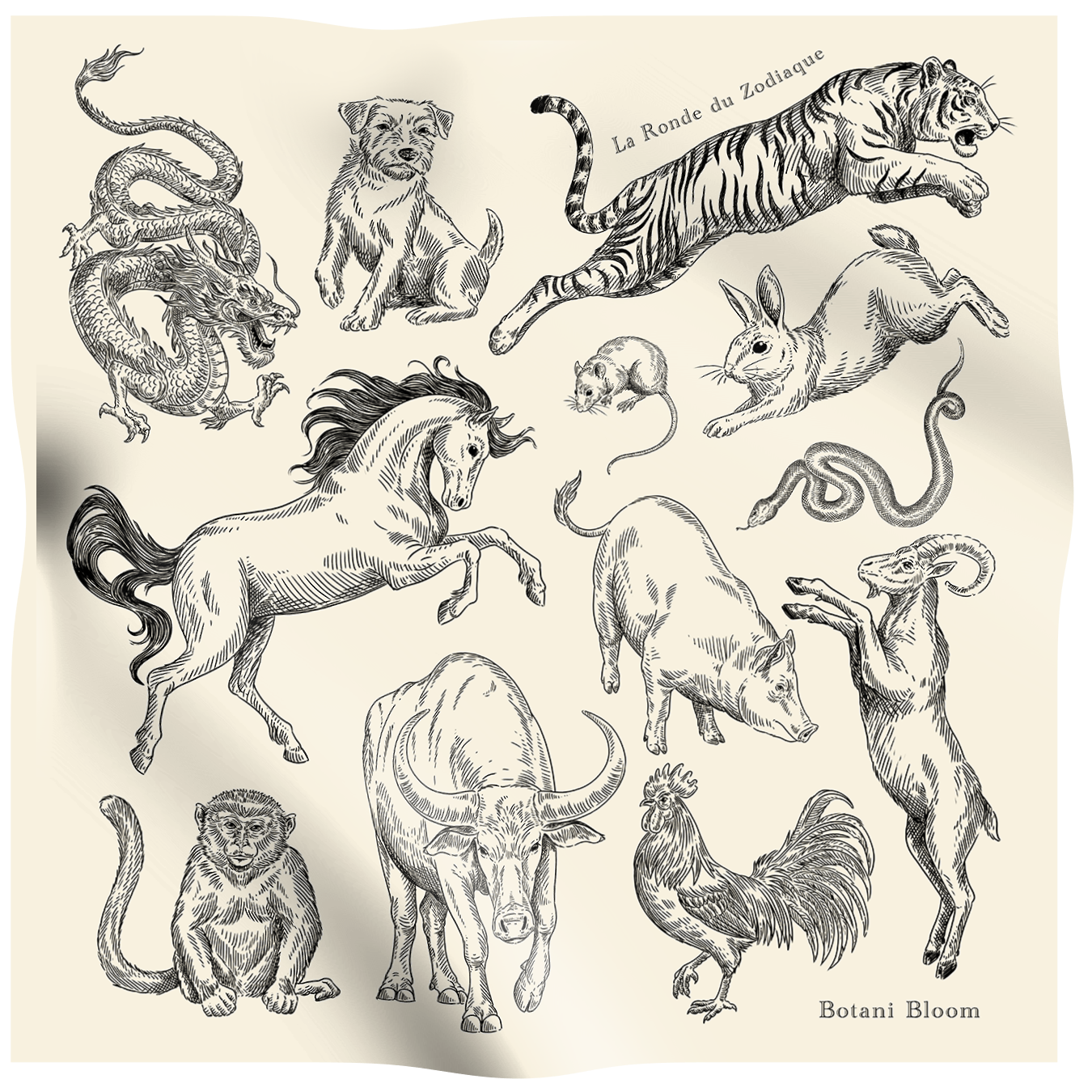 Illustrations of various animals in a vintage style silk scarf