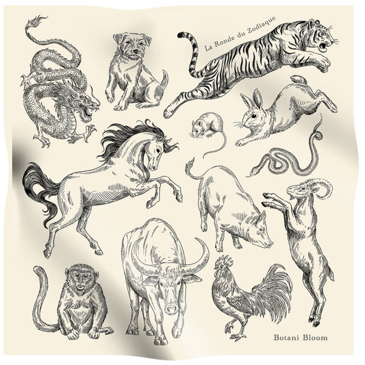 Illustrations of various animals in a vintage style silk scarf