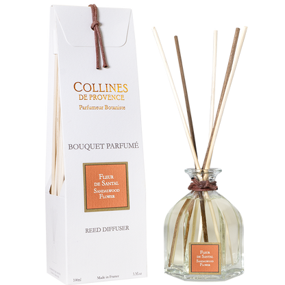 Collines de Provence sandalwood flower reed diffuser with reeds and box, front view