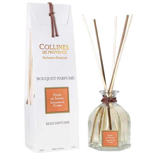 Collines de Provence sandalwood flower reed diffuser with reeds and box, front view