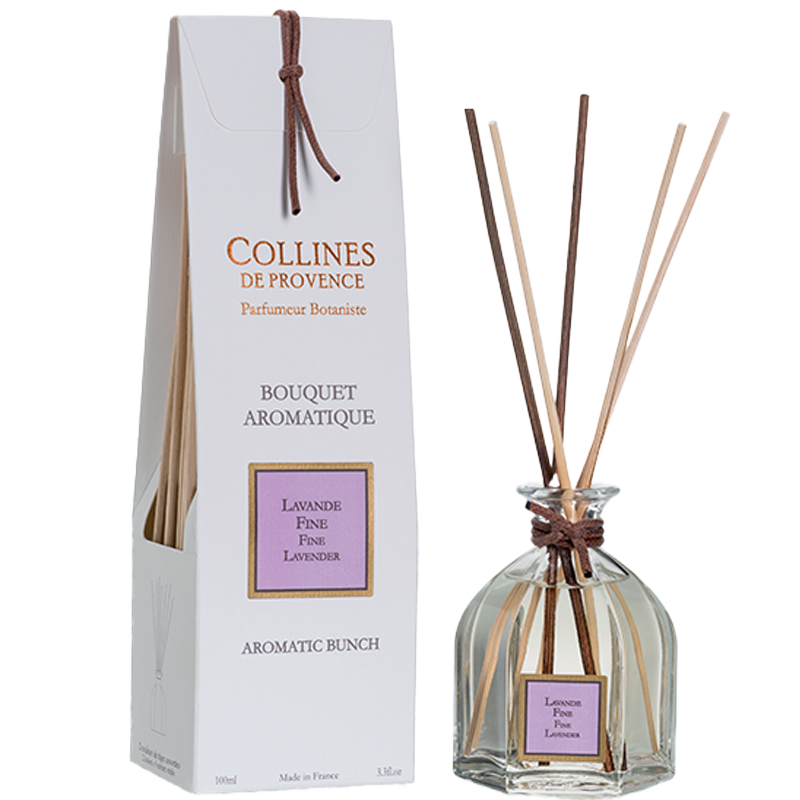 Collines de Provence Fine Lavender diffuser with reeds and box, front view