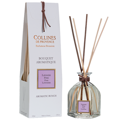 Collines de Provence Fine Lavender diffuser with reeds and box, front view