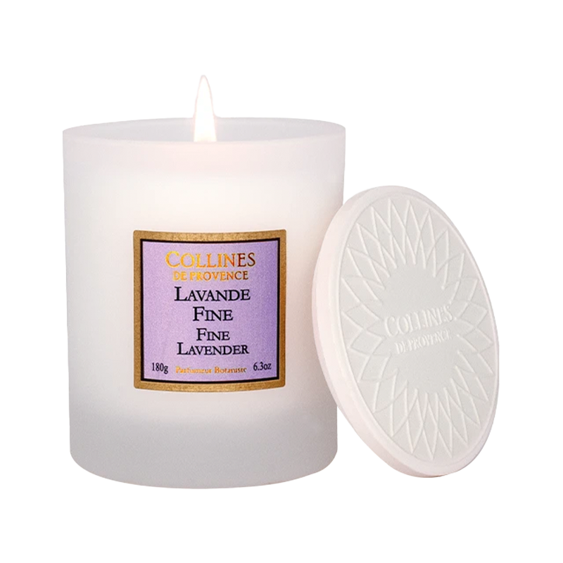 Collines de Provence fine lavender scented candle with lid, front view