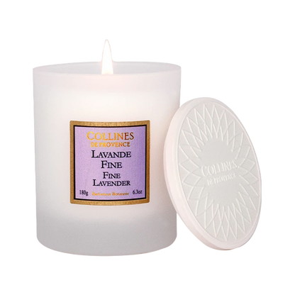 Collines de Provence fine lavender scented candle with lid, front view