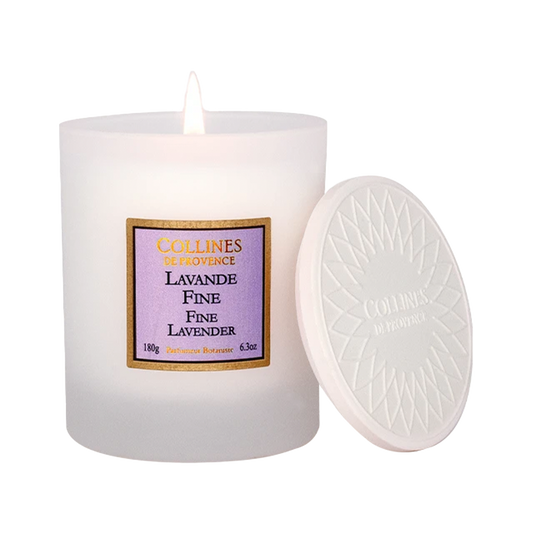 Collines de Provence fine lavender scented candle with lid, front view