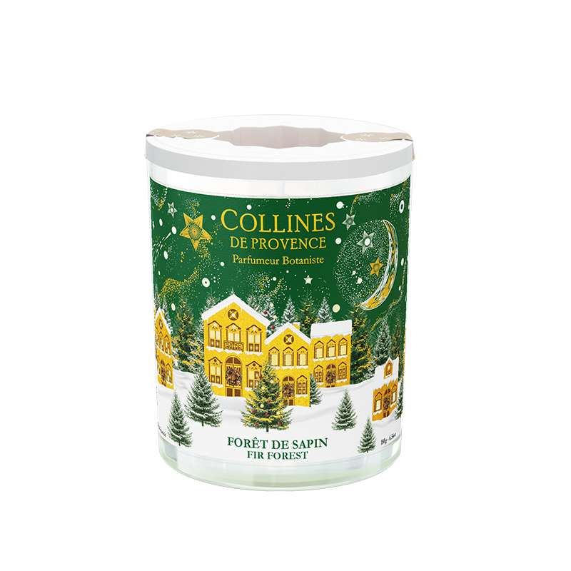 Collines de Provence fir forest 180g scented candle with Christmas design container on a white background