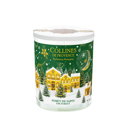 Collines de Provence fir forest 180g scented candle with Christmas design container on a white background