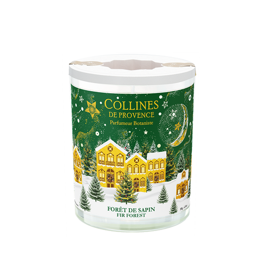 Collines de Provence fir forest 180g scented candle with Christmas design container on a white background