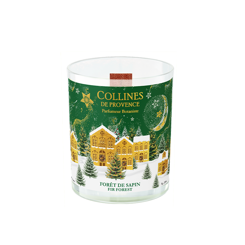 Collines de Provence 75g fir forest scented candle with a festive design the  containter