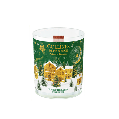 Collines de Provence 75g fir forest scented candle with a festive design the  containter
