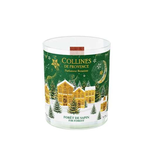 Collines de Provence 75g fir forest scented candle with a festive design the  containter