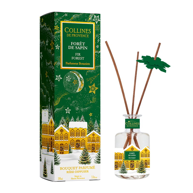 Collines de Provence Fir Forest reed diffuser with packaging on a white background
