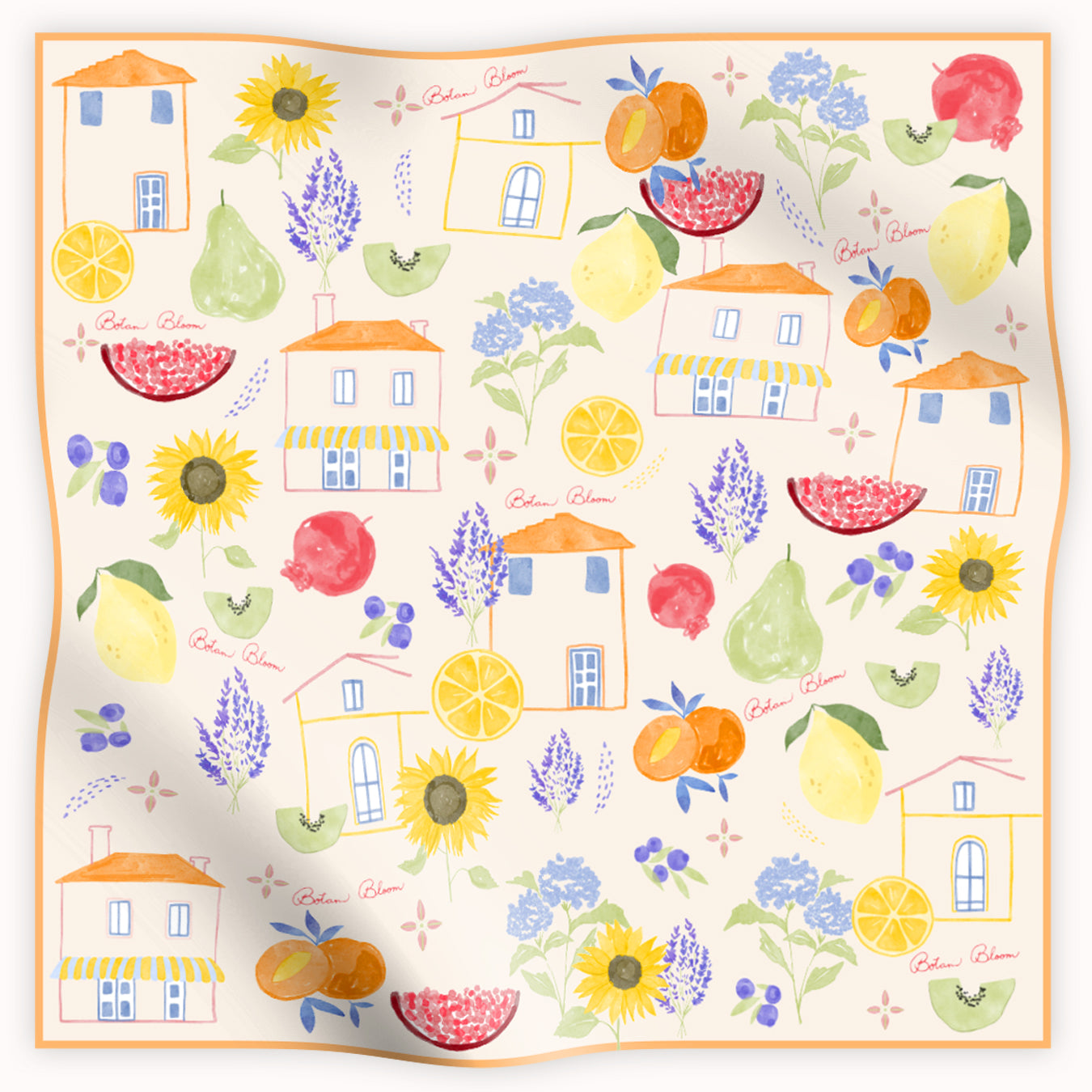 Decorative silk scarf with colorful houses, fruits, and flowers on a white background