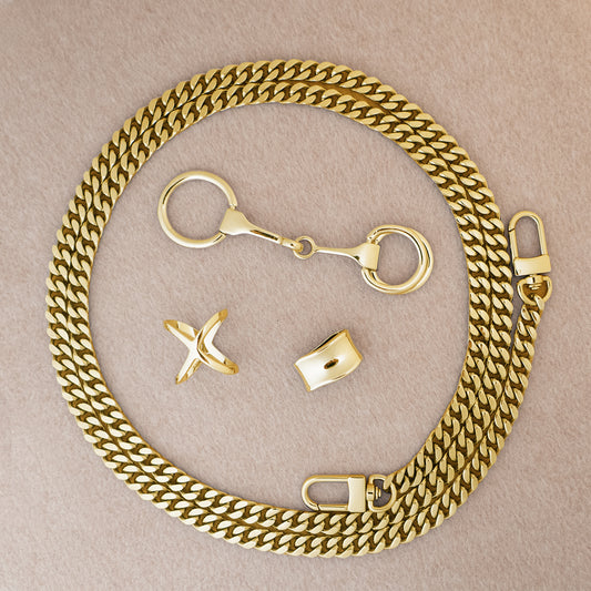 Botani Bloom silk scarf accessories including a Gold chain with clasps on a beige background