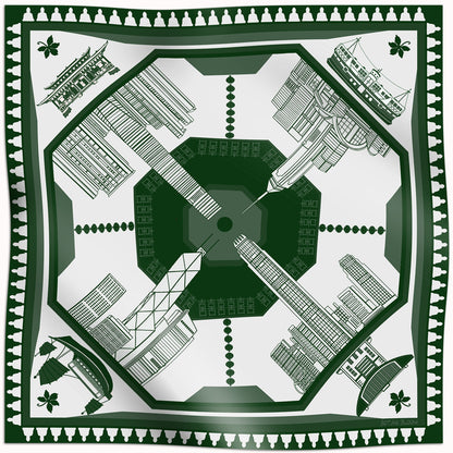 Green and white patterned scarf with architectural designs of Hong kong and shamrock symbols