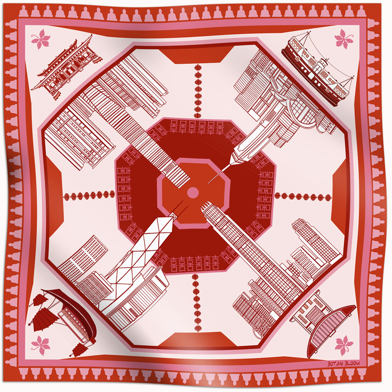 Decorative red and white patterned scarf with architectural elements from the hong kong skyline