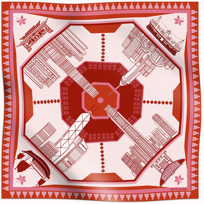 Decorative red and white patterned scarf with architectural elements from the hong kong skyline